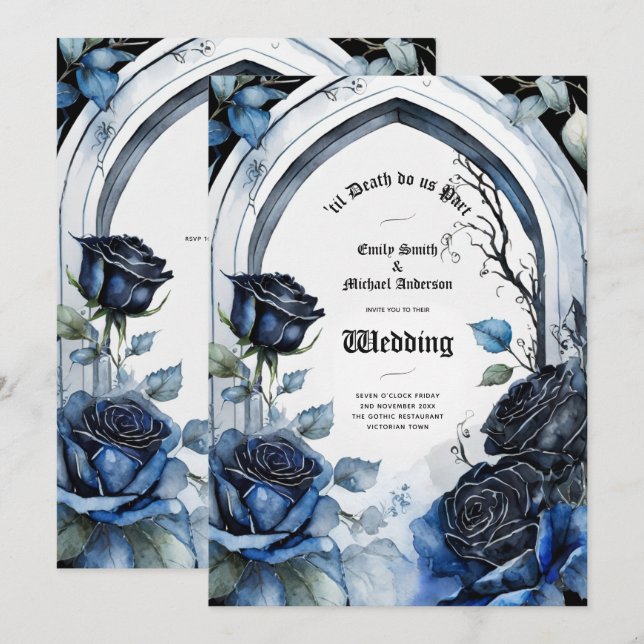 Gothic Wedding Black Blue Rose Arch Alternative Einladung (Vorne/Hinten)