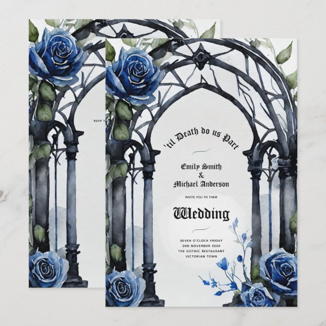 Gothic Wedding Black Blue Rose Arch Alternative Einladung (Vorne/Hinten)