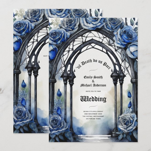 Gothic Wedding Black Blue Rose Arch Alternative Einladung (Vorne/Hinten)