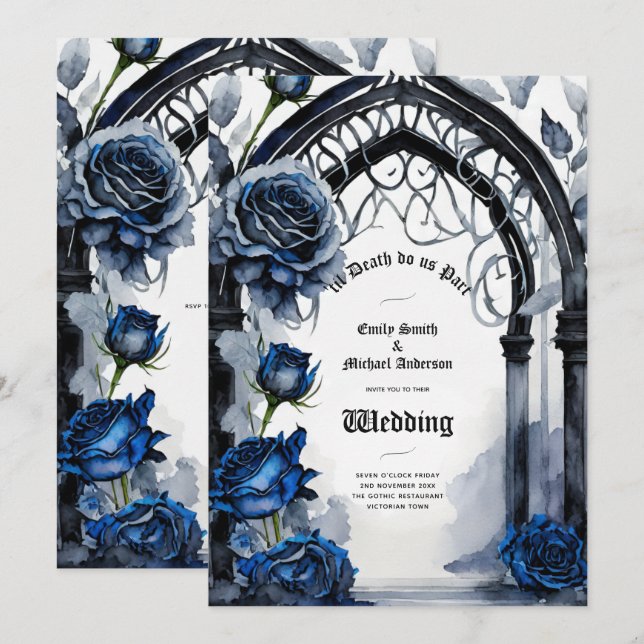 Gothic Wedding Black Blue Rose Arch Alternative Einladung (Vorne/Hinten)