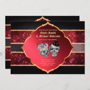 Gothic Wedding Deep Red Gray Gold Skulls Einladung