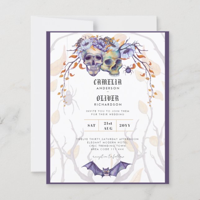 Gothic Wedding Einladung Lila Orange Skulls (Vorderseite)