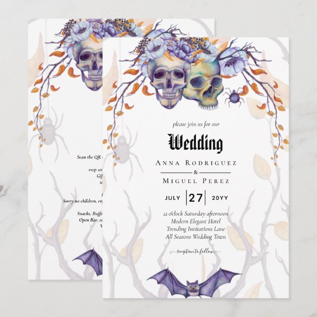 Gothic Wedding Einladung Lila Orange Skulls (Vorne/Hinten)