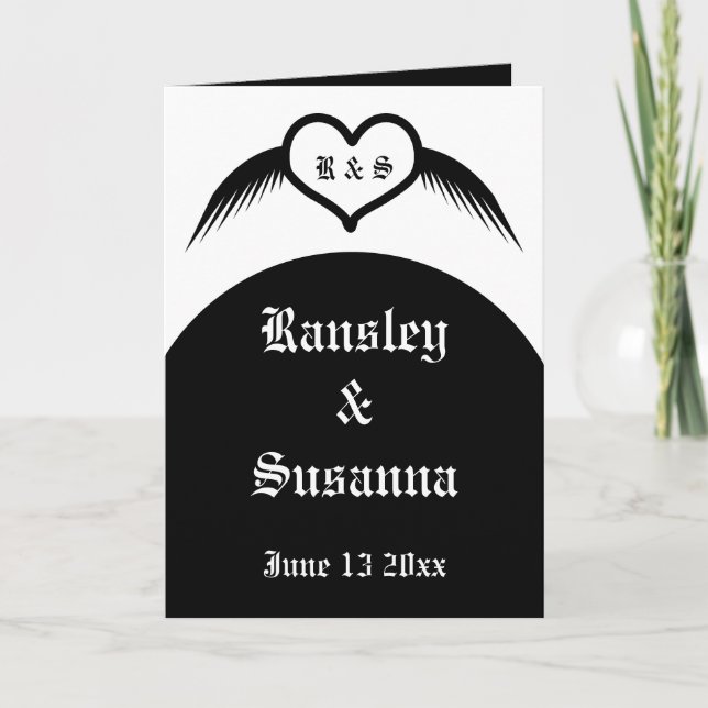 Gothic Wedding Flügelherz Mit Monogramm Karte (Vorderseite)