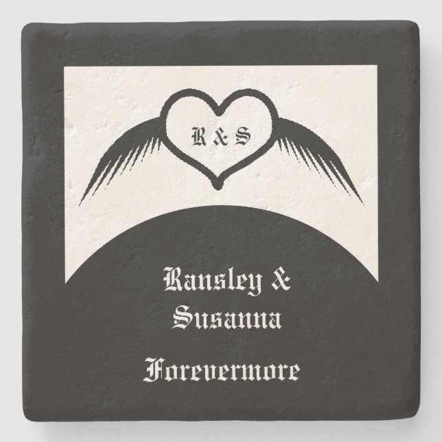 Gothic Wedding Flügelherz Mit Monogramm Steinuntersetzer (Vorderseite)