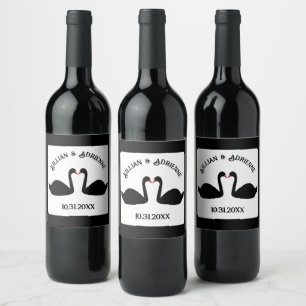 Gothic Wedding Kissing Black Swans Custom Weinetikett