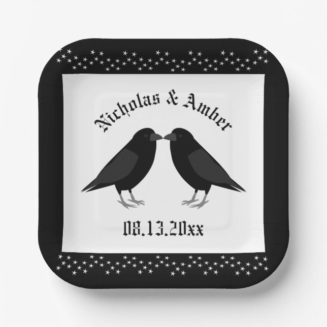 Gothic Wedding Kissing Ravens Custom Pappteller (Vorderseite)