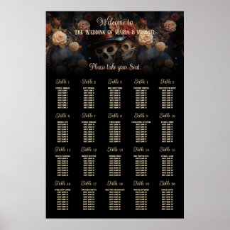 Gothic Wedding Kissing Skulls Table Seekarte Poster