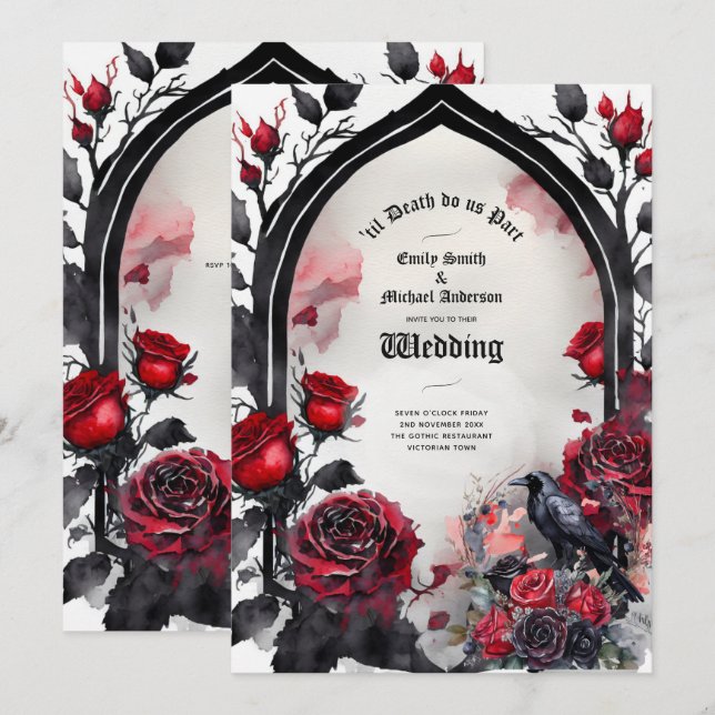 Gothic Wedding Red Black Rose Raven Einladung (Vorne/Hinten)
