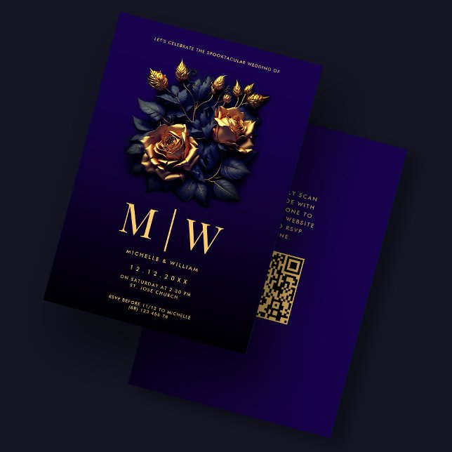 Gothic Wedding Rose Elegante Dark Blue Gold Einladung (Gothic Wedding Roses Elegant Dark Blue Gold Invitation
)