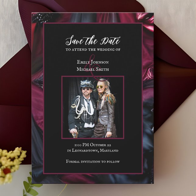 Gothic Wedding Save the Date Halloween Black Red Einladung (Gothic wedding Save the Date Halloween themed announcement)