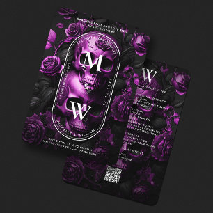 Gothic Wedding Skull Rose Dunkle Lila Monogram Einladung
