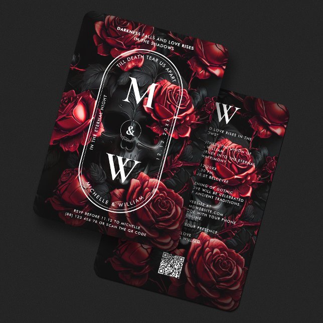Gothic Wedding Skull Rose Monogram Black Red Einladung (Gothic Wedding Skull Roses Monogram Black Red Invitation
)