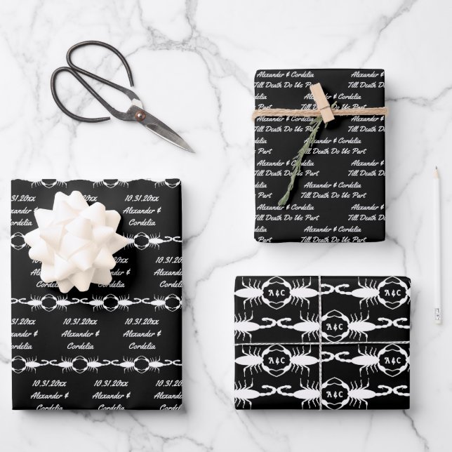 Gothic White Wedding Skorpions Custom Mit Monogram Geschenkpapier Set (Vorderseite)