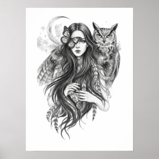 Gothic-Wicca-Hexe und Eule Dark Folklore Art Poste Poster