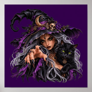 Gothic Witch und schwarze Katze Poster - Mystische