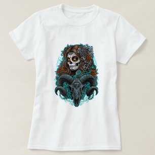 Gothic Zucker-Schädel-Frau & Widder-Schädel T-Shir T-Shirt