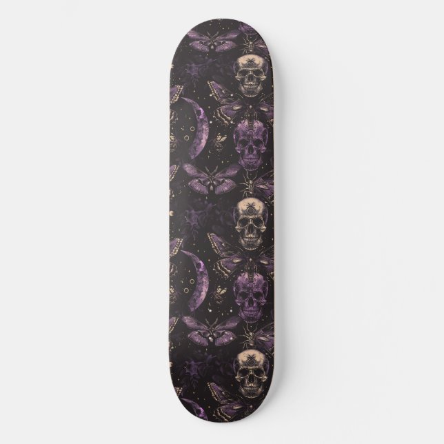 Gothique Black Purple Skulls Moths Moon Skateboard (Recto)