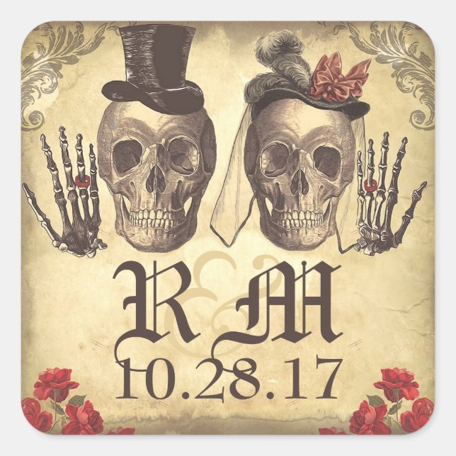 Gothique Crâne couple Jour de Mort Mariage Sticker (Devant)