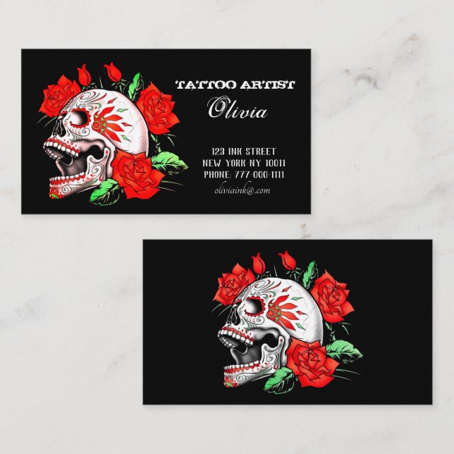 Gothique Élégant Crâne Et Carte de visite Roses Ro (Devant / Derrière)