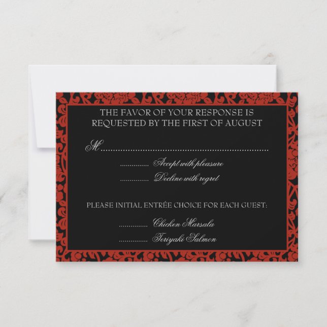 Gothique Floral Rouge & Noir Damas RSVP Monogramme (Devant)