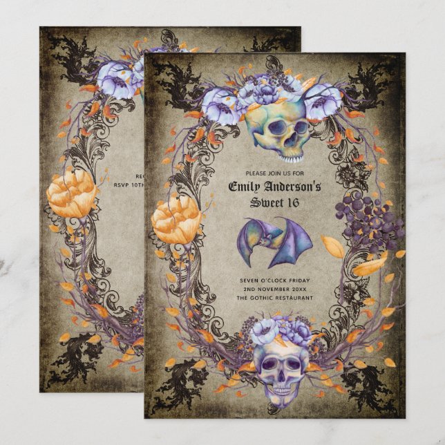 Gothique Halloween Skulls Party Invitation Aquarel (Devant / Derrière)