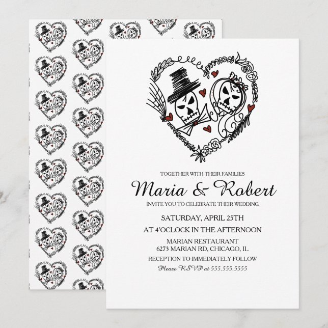 Gothique Noir Blanc Squelette Mariage Invitations (Devant / Derrière)