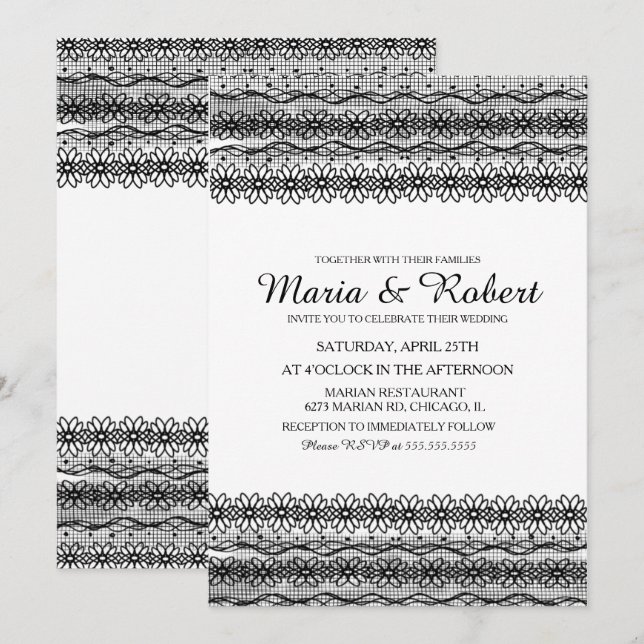 Gothique Noir Floral Dentelle Mariage Invitations (Devant / Derrière)