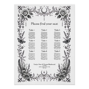 Gothische botanische schwarz-weiße Hochzeits-Sitzo Poster