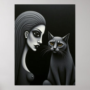 Gothische Frau und Katze Dunkle Monochrome Feine K Poster