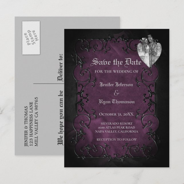 Gothische Hochzeit speichern Sie das Datum Postkar Ankündigungspostkarte (Vorne/Hinten)