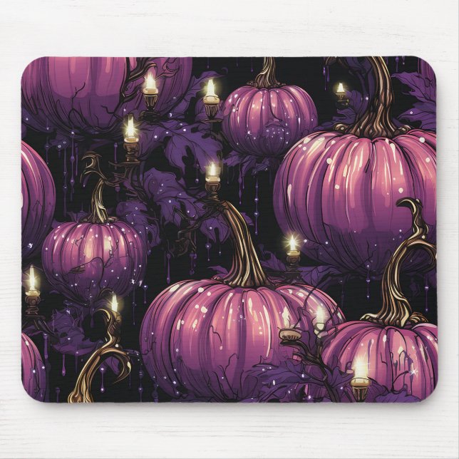 GOTHISCHE LILA PUMPKINE MIT BLÄTTERKANDELN MOUSEPAD (Vorne)