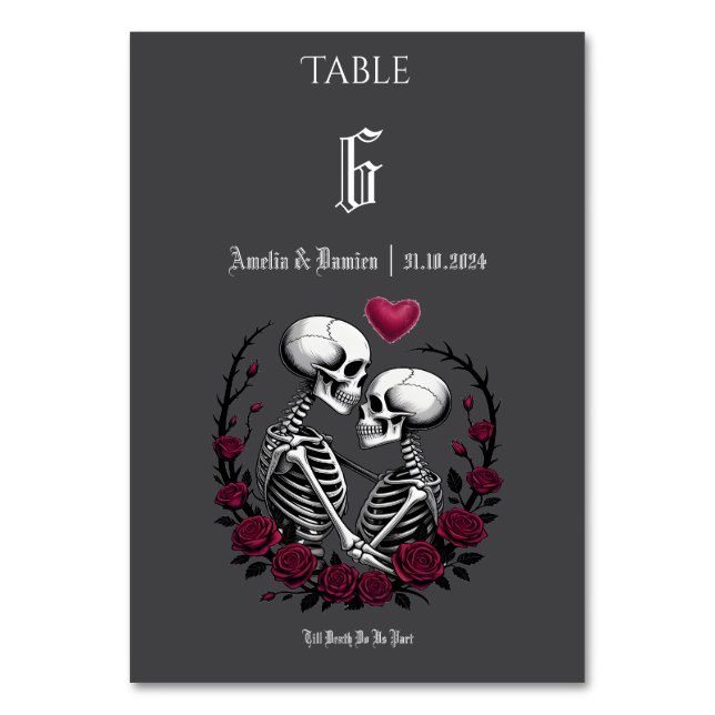Gothische Rose bis zum Tod Skelett Paar Hochzeit Tischnummer (Vorderseite)