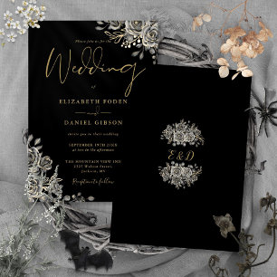 Gothische Rosen Blumen Hochzeit in Schwarz und Gol Einladung