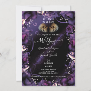 Gothische Schädel & Lila Rosen Halloween-Hochzeit Einladung