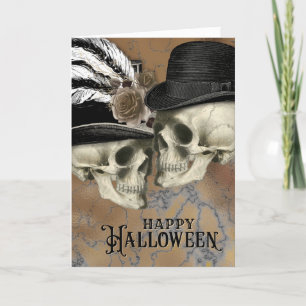 Gothische Schädel mit Hüten Vintage Halloween Feiertagskarte