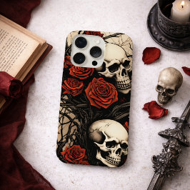 Gothische Schädel und rote Rosen iPhone 15 Pro Hülle