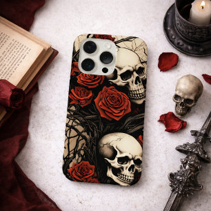 Gothische Schädel und rote Rosen iPhone 15 Pro Hülle