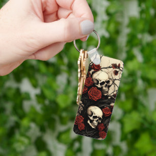 Gothische Schädel und rote Rosen Schlüsselanhänger