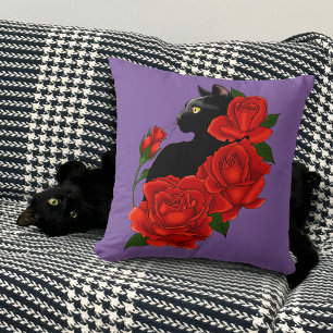 Gothische schwarze Katze rote Rosen lila Kissen