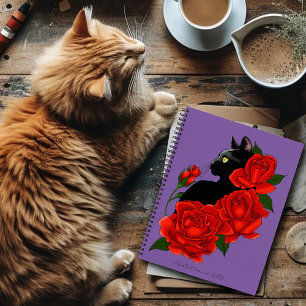 Gothische schwarze Katze rote Rosen lila Notizbuch