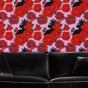 Gothische schwarze Katze rote Rosen lila Tapete
