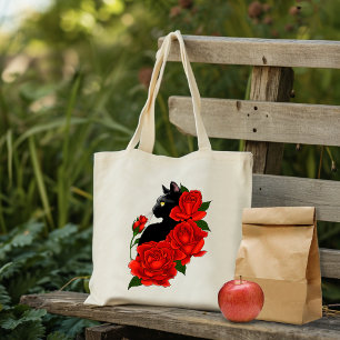 Gothische schwarze Katze rote Rosen lila Tragetasche