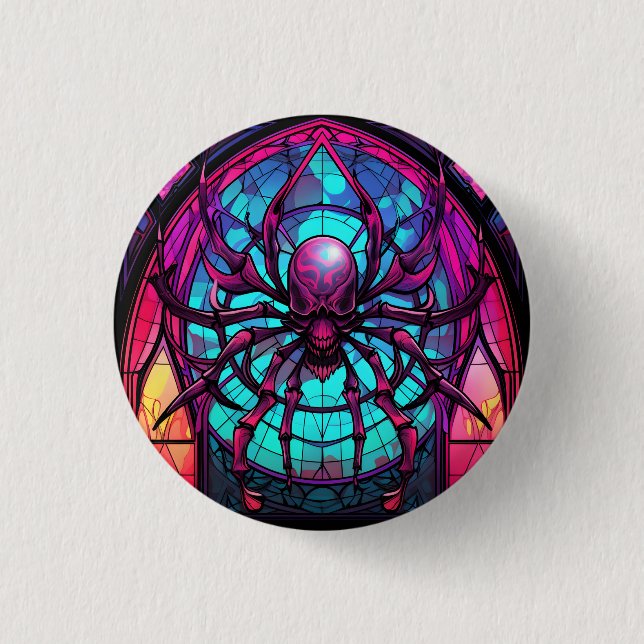 Gothischer Buntglas-Totenkopf-Spinne Button (Vorderseite)