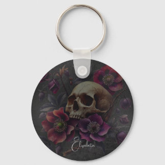 Gothischer, melancholischer Totenkopf mit Blumen Schlüsselanhänger