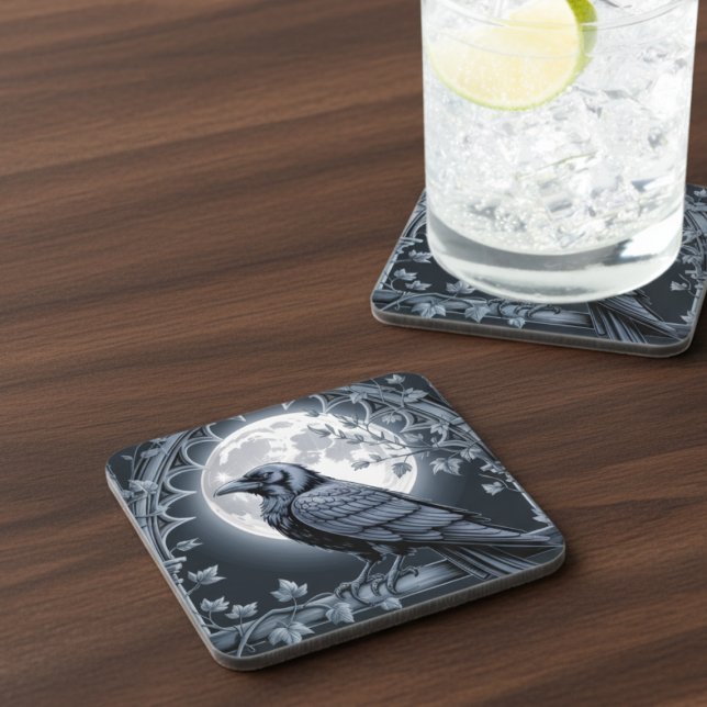 Gothischer mondbeschienener Rabe Dark Academia Getränkeuntersetzer (Black raven drink coaster)