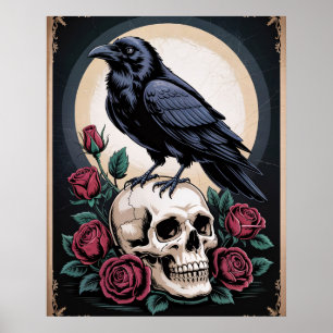 Gothischer Rabe mit Totenkopf und Rosen Poster