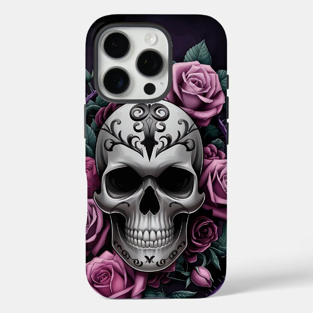 Gothischer Schädel mit Lila Rose iPhone 16 Pro Hülle (Rückseite)