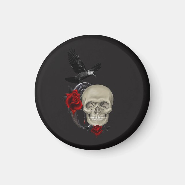 Gothischer Schädel mit Rose und Reben Magnet (Vorne)