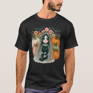 Gothisches Gespenstermädchen mit Katzen-Kürbissen T-Shirt
